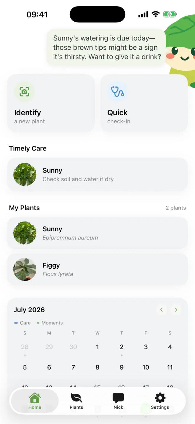 GardenerNick Home showing Identify, Photo Check, today's care, plants, and a calendar