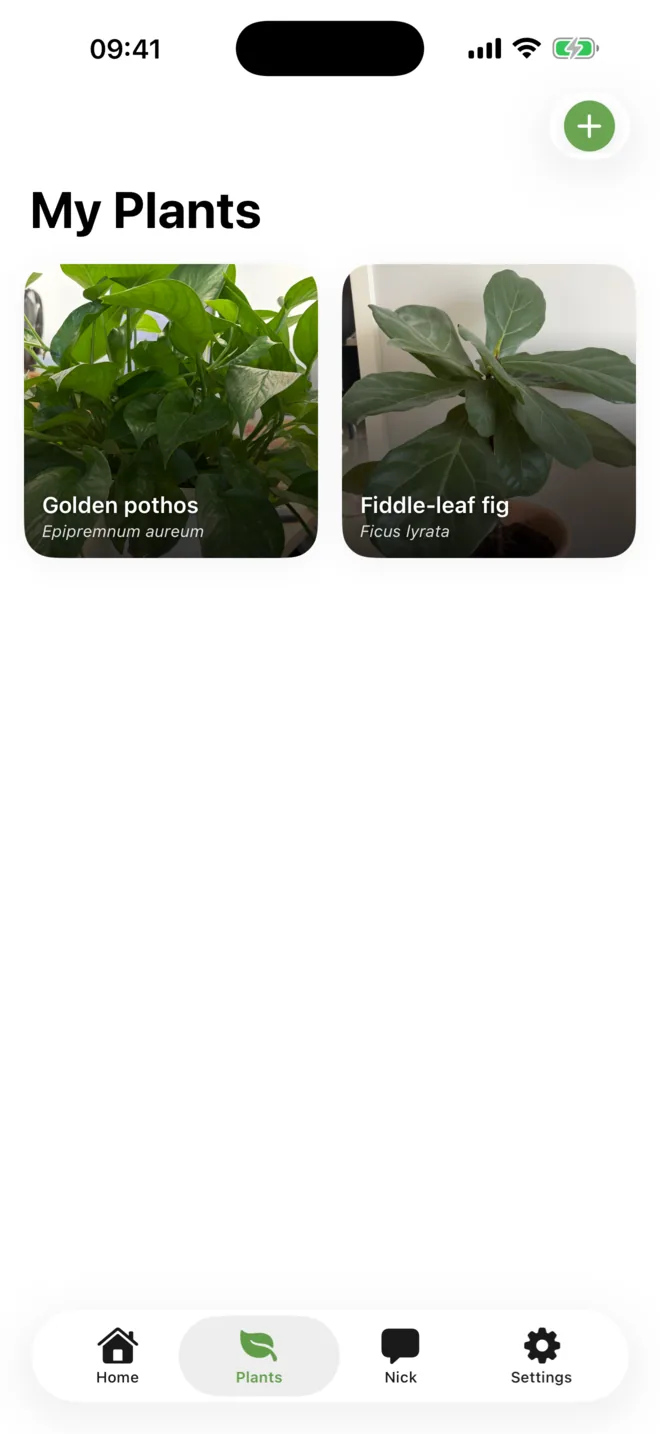 My Plants screen with a golden pothos and fiddle-leaf fig