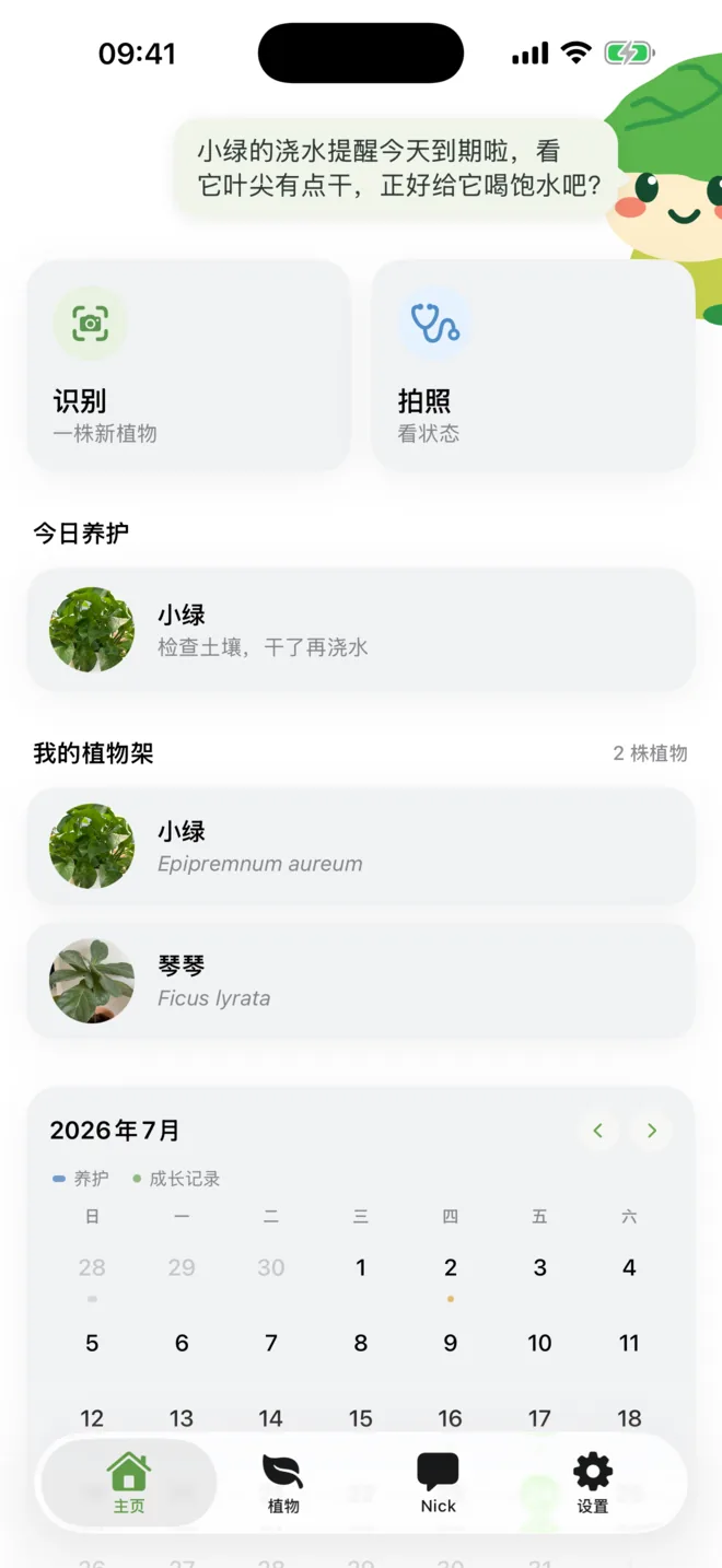 GardenerNick 首页，显示识别、拍照看状态、今日养护、植物架和日历