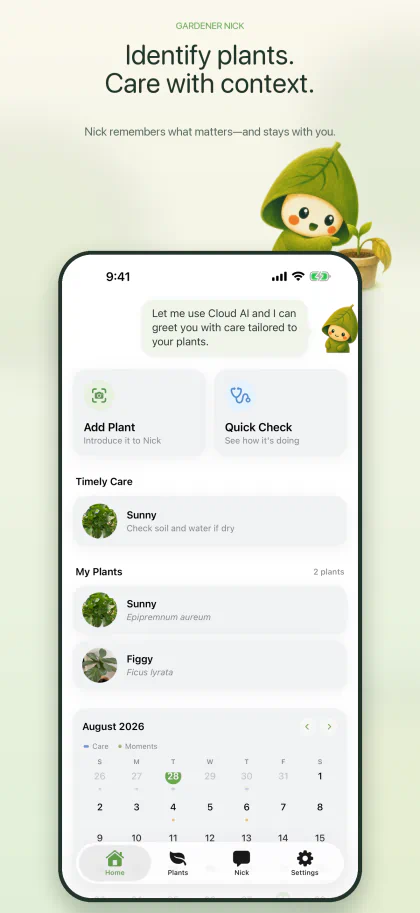 GardenerNick home with plant identification, quick health checks, timely care, and calendar