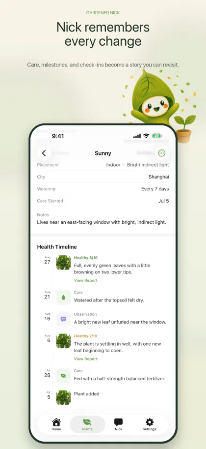 Sunny's health timeline with health checks, care, observations, and milestones