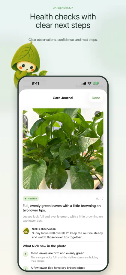 Plant health check journal with visible findings, Nick's observation, and next steps