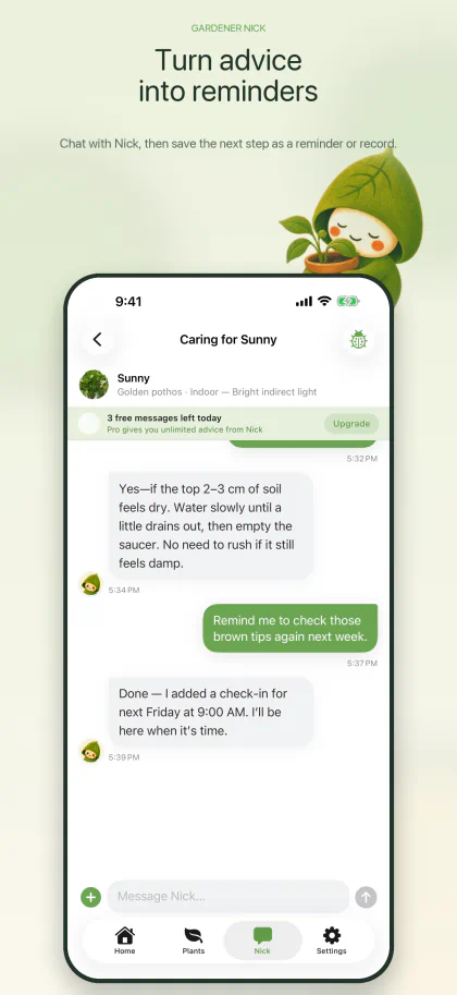 Chat with Nick about watering Sunny and saving a follow-up reminder
